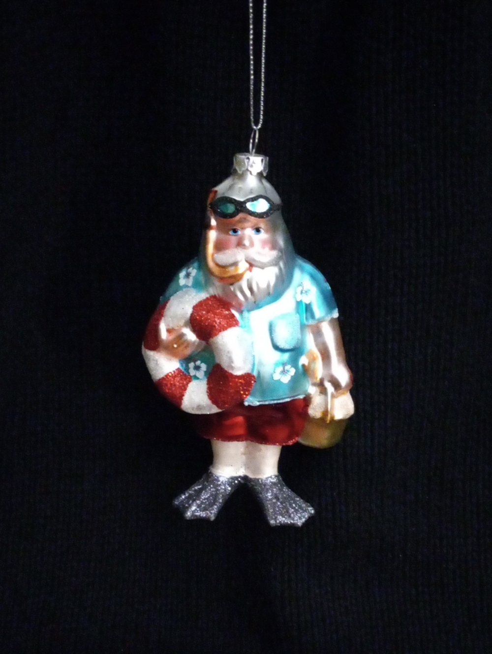 Beach Santa Glass  Christmas Ornament - Aqua Shirt, Red Shorts